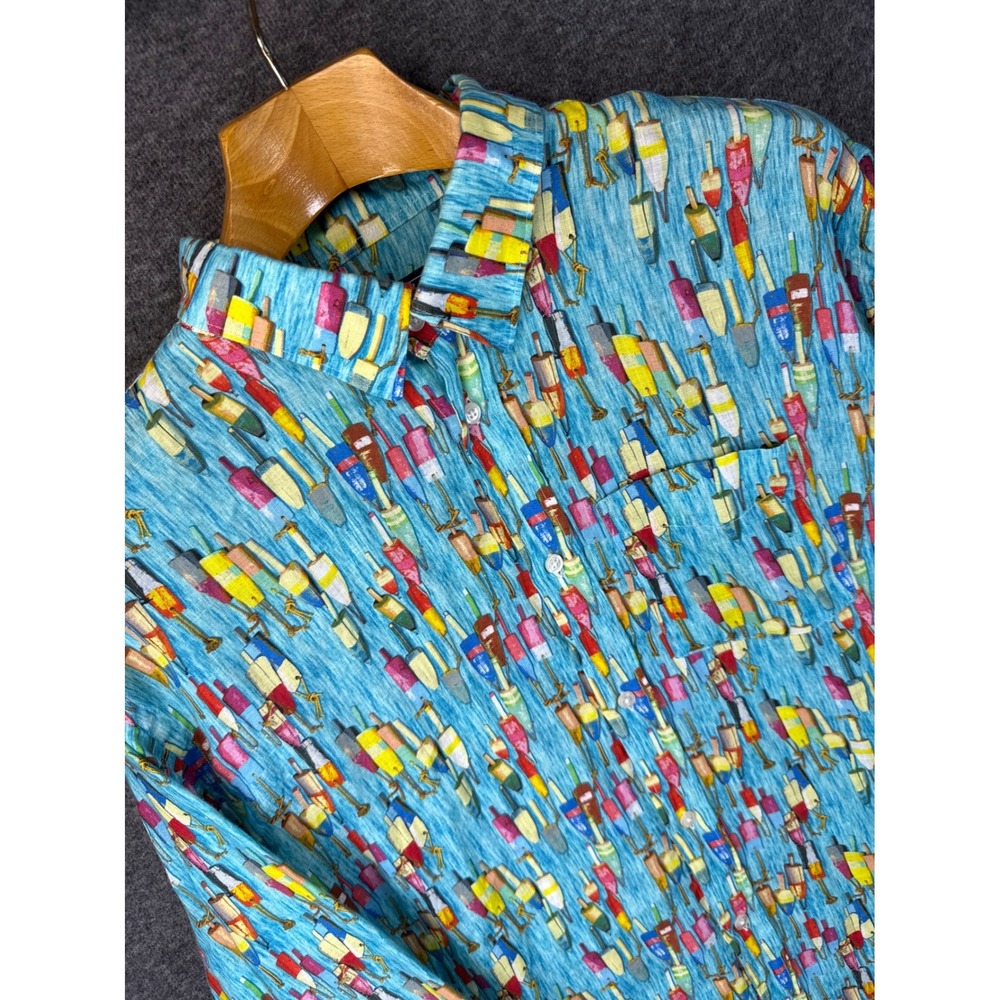 Michaels Linen Button Down Men XL Blu Buoy Print Nautical Shirt Loud Fun Hipster
